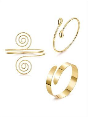 Floral Arm Cuff Bracelet Set Gold-Tone Open Adjustable Metal Armband Jewelry 3